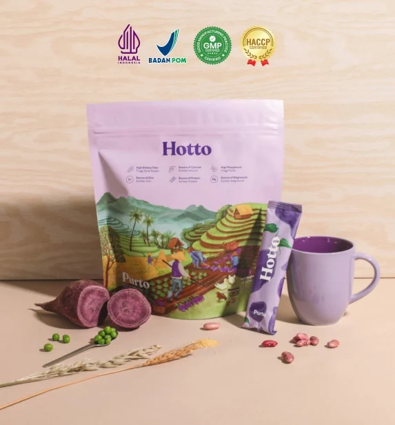 Pouch, sachet, gelas, ubi ungu, dan biji-bijian Hotto Purto